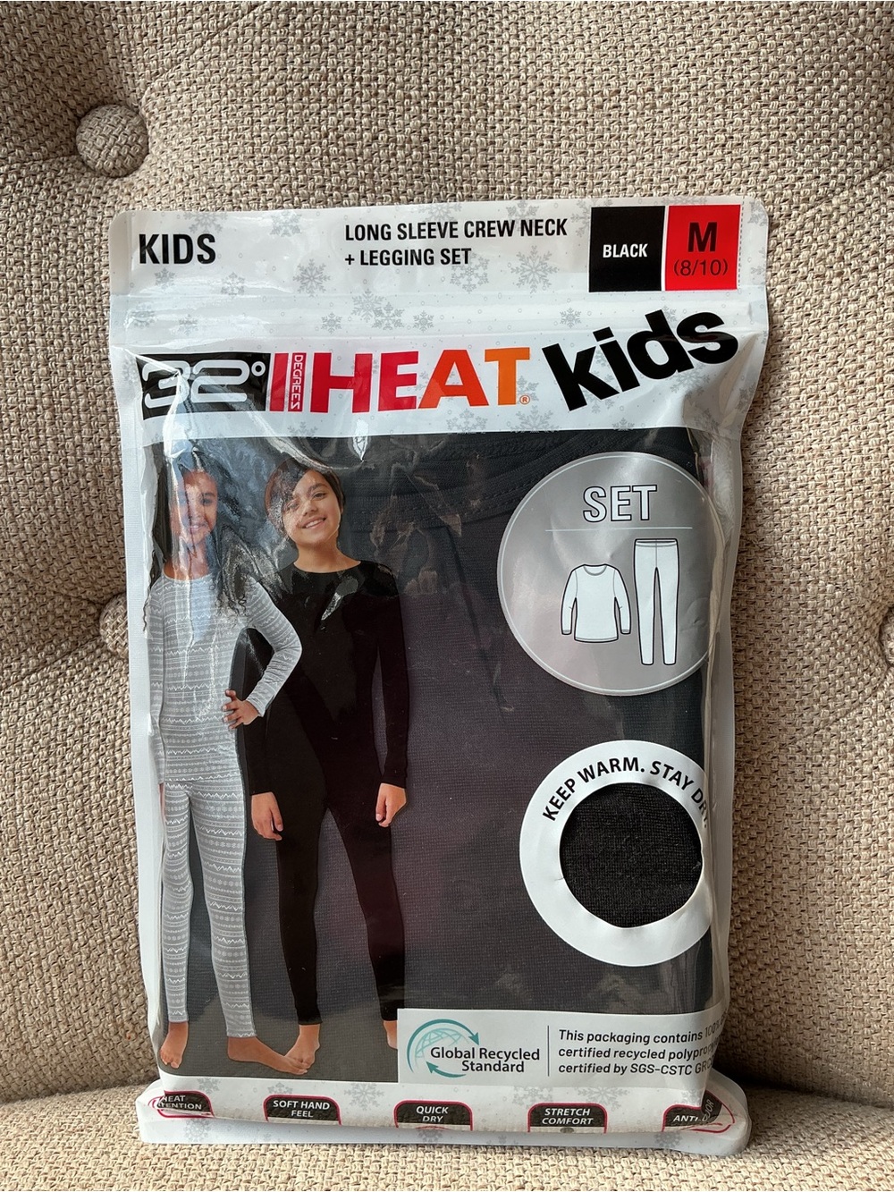 32 Degrees Kids Heat Long Sleeve Crew Neck Pajama Set - Black